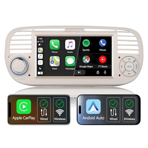 Autoradio wireless carplay per fiat 500 2007-2015,radio Schermo IPS da fiat 500,Stereo fiat 500 supporta Android auto,controlli originali sul volante,Bluetooth,AM FM RDS,USB,DSP,Subwoofer,navigazione