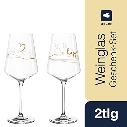 Foto von Leonardo Presente Wein-Gläser 2er Set Happy, spülmaschinenfeste Wein-Kelche mit gezogenem Stiel, Rotwein-Glas Geschenk-Set 560 ml 029176