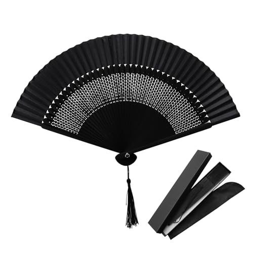 OMJMYY Handfächer Schwarz Seide Faltfächer Faltbarer Bambus Fächer Taschenfächer Klappfächer mit Tassel und Einer Stoffhülle für Tanz Sommer Party Hochzeit Geschenke DIY Haus Dekoration