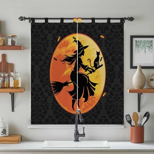 Tab Top Window Curtain, Witch Halloween Night Moon Tier Curtains