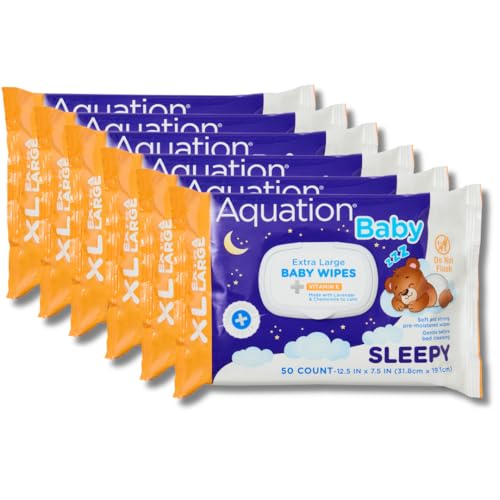 Aquation Baby XL Sleepy Wipes – Extra Large 12.5x7.5” Lavender Scented Wipes with Vitamin E & Chamomile – Hypoallergenic, Dermatologist Tested, pH Balanced Gentle Care (50 CT, 6 Pack, 300 Total)