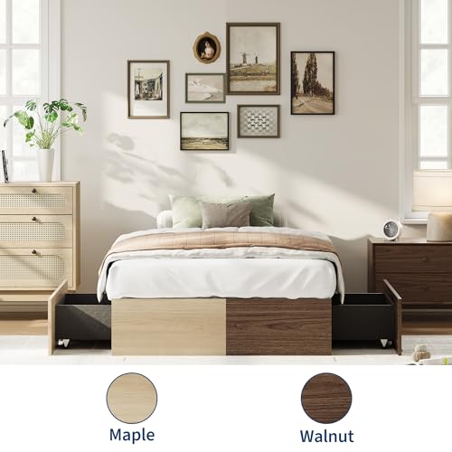 Image of GarveeHome Twin Size Wood Platform Bed Frame with 2 Storage Drawers, Wooden Bed Frame Without Headboard, Wood Slat Support, No Box Spring Needed, Easy Assembly