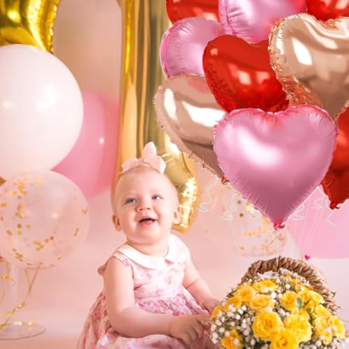 Image of Rose Gold & Red Heart Balloons,18 Inch Light Pink Foil Love Heart Shaped Balloons for Anniversary Wedding Engagement Birthday Party Baby Shower Valentines Decorations(12Pcs)
