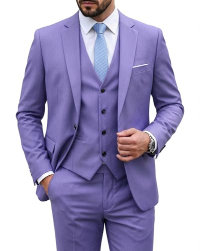 Image of MY'S Men's 3 Piece Suit Set with Tie, One Button Slim Fit Solid Jacket Vest Pants, Prom Party Wedding Business Suits for Men