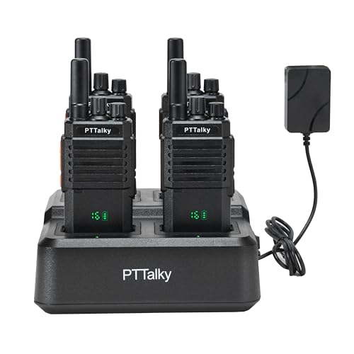 PTTalky PR2 Plus Walkie Talkie PMR446 sin Licencia,16 Channels Walkies Profesionales,con Display Cargador de 4 Vías Walkie Talkie Largo Alcance,para Comercial Hotel (Negro,4 Piezas)