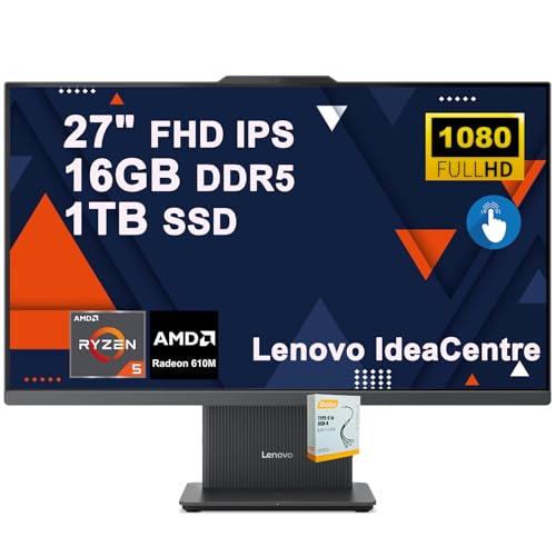 Image of Lenovo IdeaCentre AIO Desktop | 27 inch FHD IPS Touchscreen (99% sRGB) | AMD 6-core AMD Ryzen 5 7535HS | 16GB DDR5 1TB SSD | Type-C Harman Speaker Wi-Fi6 5MP Camera Win11 w /DLCA Accessory