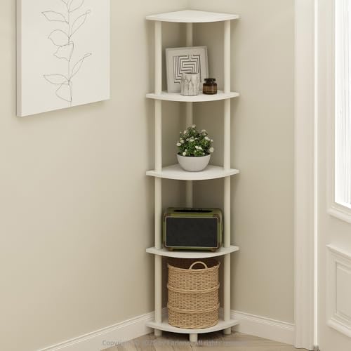 Image of Furinno Turn-N-Tube Toolless Assembly 5-Tier Storage Shelves, White | Corner Shelf, Open Storage Book Shelf, for Organization and Storage, Living Room, Home Office, Bedroom