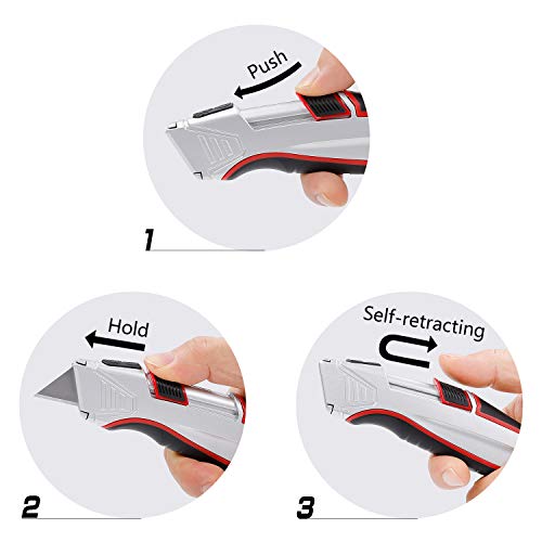 Foto de KingTool Cortador de caja autorretráctil con funda y clip para cinturón, cuchillo utilitario de seguridad retráctil automático con total de 10 cuchillas SK5, carcasa de aluminio con agarre de goma, (imagen 3)