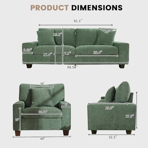 Image of DOPEDIO Modern Living Room Sofa Set, 88.58 inch Chenille Loveseat with 2 Accent Chairs, Removable Covers, Spring Cushions, Solid Wood Frame, Easy Assembly(88.58inch+2 Single,Green)