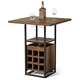 Tribesigns 95 cm Hoher Bartisch mit Stauraum, Stehtisch aus Holz, Bistrotisch mit Glashaltern, Weinregalen und Ablageflächen, Metallsockel Tischplatte, für Bar Küche Wohn- und Esszimmer, Braun