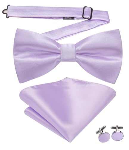 Image of Hi-Tie Pre-Tied Bowties for Men Silk Bow Ties and Pocket Square Cufflinks Set Mens Wedding Party Formal,Light Purple