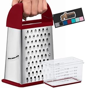 Gorilla Grip Professional 100% BPA Free 4-Sided Cheese Grater, Stainless Steel XL Box Graters with Ergonomic Handle, Parmesan Shredder, Ginger Carrot Slicer, Dishwasher Safe, Includes Container, Red