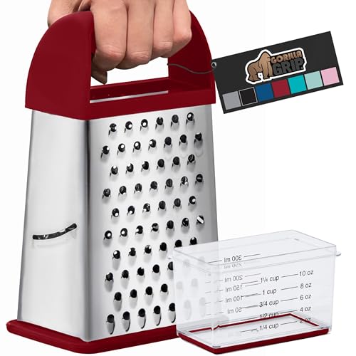 Gorilla Grip Professional 100% BPA Free 4-Sided Cheese Grater, Stainless Steel XL Box Graters with Ergonomic Handle, Parmesan Shredder, Ginger Carrot Slicer, Dishwasher Safe, Includes Container, Red