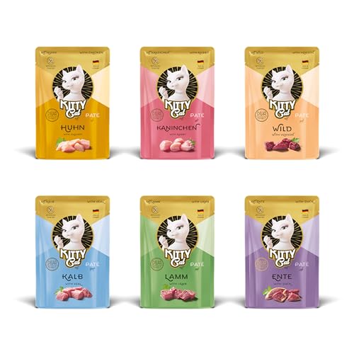 KITTY Cat Paté Mix 1, 6 x 85 g, Nassfutter für Katzen im Probierpaket, getreidefreies Katzenfutter mit Taurin, Lachsöl und Grünlippmuschel, Alleinfuttermittel mit hohem Fleischanteil, Made in Germany