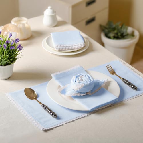 Image of FINGERCRAFT Lace Trim Cloth Napkins Set of 6, 20x20 Inch Cotton Linen Blend Dinner Napkins, Reusable Washable Table Napkins for Wedding, Farmhouse Dining, Parties & Home Decor (Sky Blue)
