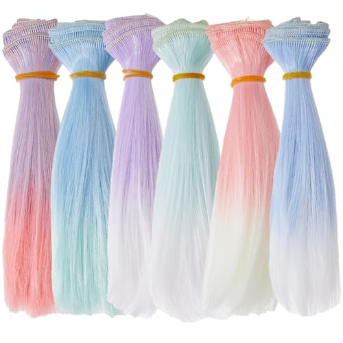 DICOSMETIC - DICOSMETIC Lot de 6 extensions de cheveux de poupée - 6 couleurs - 15 cm - Cheveux courts et droits - En plastique - Dégradé de couleur - Faux cheveux de rechange pour la fabrication de poupées