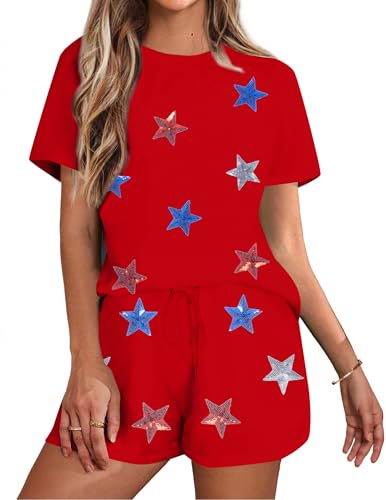 Image of VILOVE 4th of July 2 Piece Sequin Outfits Women 250 Anniversary Usa Shirts and Short Sets Casual Patriotic Shirt Summer Set