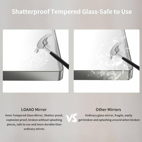 Image of LOAAO 50X30 Inch Brushed Nickel Bathroom Mirror, Rounded Rectangle Silver Metal Frame Mirror, Brushed Nickel, Anti-Rust, Shatter Proof, Hangs Horizontally or Vertically