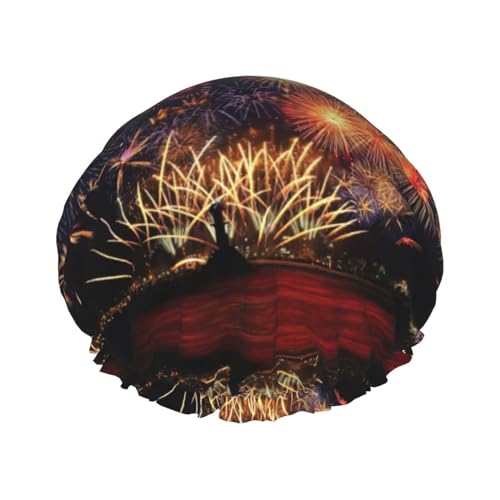 Gorro de ducha de fuegos artificiales para mujer, gorro de ducha reutilizable, gorro de baño impermeable para mujer, pelo largo