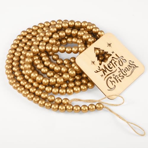 Christmas Wooden Bead Garland, 12 Feet Gold Wood...
