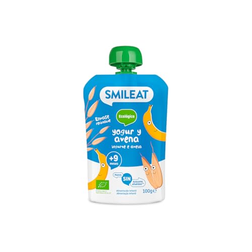 Smileat - Pouch de Frutas Ecológicas - Sin Sal ni Azúcar Añadido, Sin Gluten - Snack Práctico para Peques - Sabor a Yogur Avena