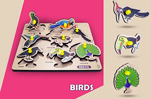 Image of Birds Wooden Puzzle for Kids Educational Interactive Montessori Learning Toy Colorful Wooden Bird Peg Puzzle for Toddlers & Preschoolers Early Cognitive Development Safe & Durable Playset
