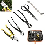 6 Stück Bonsai Werkzeug Set, Professionelles Bonsai Schere Set Inkl Astschere Blattschere Konkavzange Bonsaiharke und Aufbewahrungstasche Karbonstahl Gartenwerkzeug für Bonsai Pflege