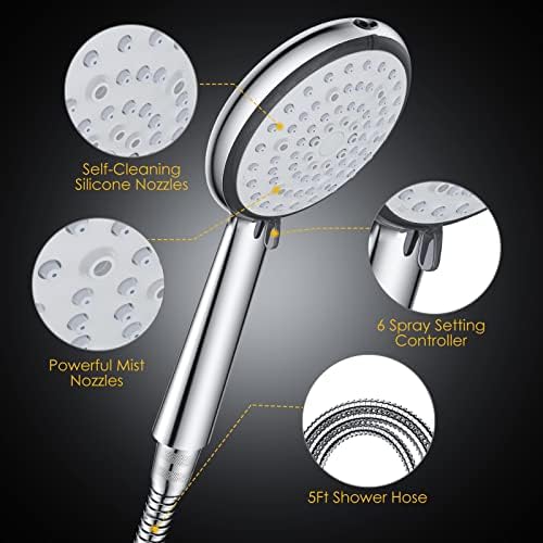 Shower Head and Hose 1.5m, OUBEN 6 Spray Modes High Pressure Handheld Power Shower Head with Universal Shower Hose for Bath, Water Saving Chrome Finish Filter Shower Head for Hard Water Low Pressure