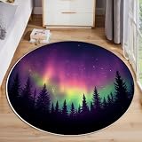 Alfombras Redondas 80cm Alfombra Cielo Nocturno Del Bosque De Pinos Lavable Antideslizante Alfombra de Área Cielo De Aurora Terciopelo de Pelo Corto para Cocina, Halls, Balcón, Comedor, Púrpura