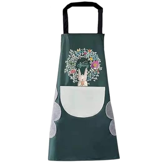 ATCAN Waterproof Kitchen Apron with Pockets & Side Coral Velvet Towel for Men & Women - Cute Rabbit Design Adjustable, Oil & Water Resistant, Perfect for Cooking, BBQ, Chef, Home & Restaurant - Green