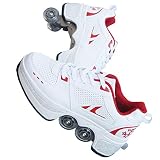 outer treasure Deformationsschuhe Rollschuhe, zweireihiges Deform-Rad, automatische Wanderschuhe, lässige Rollschuh-Schuhe mit Deform-Rädern für Damen, Herren, Erwachsene (weiß und rot, 34)
