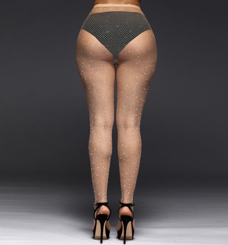 Medias de red de cintura alta con brillos y strass para mujer 5