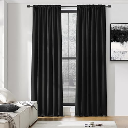 DONREN Extra Long 108 inch Length Blackout Curtains for Large Windows,Rod Pocket Soft and Touching Living Room Sweep to Floor for Villa(Black,2 Pack,52 W by 108 inches Long)