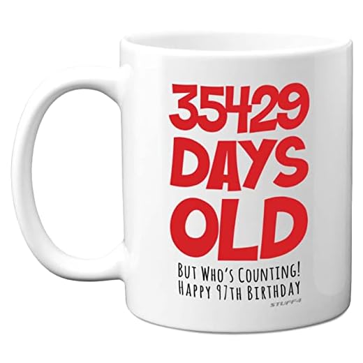 Taza regalo 97 cumpleaños hombres mujeres, él ella, 35429 días edad, divertida adultos, noventa siete noventa séptimo regalo feliz cumpleaños papá mamá abuela Nan Great Grandad, tazas cerámica