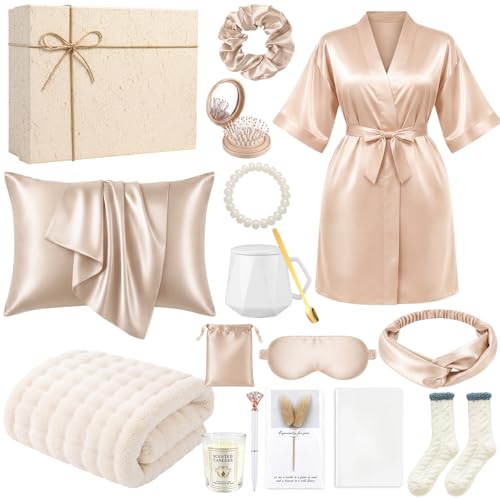 Product Image of the Twistover 16 Pcs Birthday Gifts for Women: Luxury Robe & Blanket Spa Gift Basket for Women -scented Candle, Mug, Notebook, Pillowcase & Spa Accessories(Champagne)
