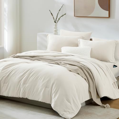 Image of Queen Comforter Set-7 Pieces Soft Prewashed Bed in a Bag Queen Bedding Sets | All Season Comforter with Sheets, Pillow Shams & Pillowcases, White