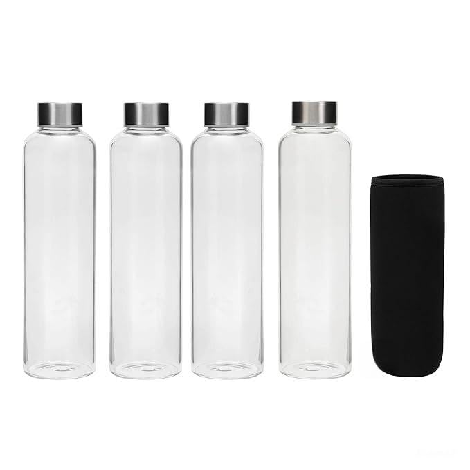 Image of SIMPARTE Borosilicate GlassWater Bottles 500ml with Sleeve - Set of 4 | Freezer Safe, Easy to Clean, Leak-Proof | Stainless Cap | Ideal for Travel, Office, School