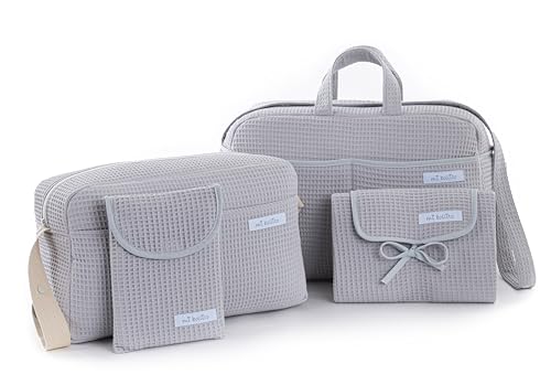 mi bollito - Pack Esencial para Mamás, Papás y Bebés: Bolsa de maternidad, bolso de paseo, cambiador portátil y organizador de pañales y toallitas. Fabricado en España. (Gris claro)