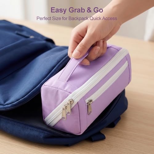Image of Large Pencil Pouch for Teen Girls, 8 Compartments, Purple | Large capacity pencil case, wide-opening organizer fits calculators, markers, pens; for middle school, high school, college