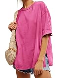 Tankaneo Womens Oversized Tshirts Summer Casual Short Sleeve Crew Neck T Shirt Loose Fit Side Slit Tee Tops Rose Red