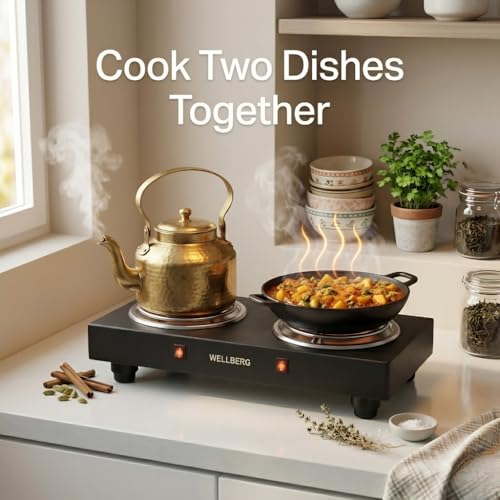 Image of Wellberg 2000W Double Coil Electric Hot Plate | Dual Burner Portable Stove with 2 Independent Switches | Compact Cooktop for Home, Hostel & Travel