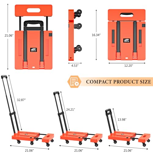 SOYO Folding Hand Truck, 500lbs Heavy Duty Dolly, Portable 6 Wheels Collapsible Luggage Cart with 2 Elastic Ropes for Moving, Travel, Shopping, House Office Use, Orange