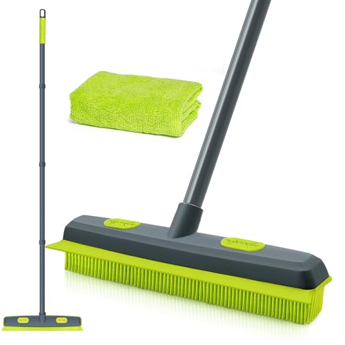 TidyBliss Escoba de Goma con Rasqueta, Cepillo Rastrillo para Pelo Mascotas, 140 cm Mango Largo Rascador Silicona para Limpiar Alfombras, Ventanas, Azulejos, Suelos Madera, Cubiertas (Verde)