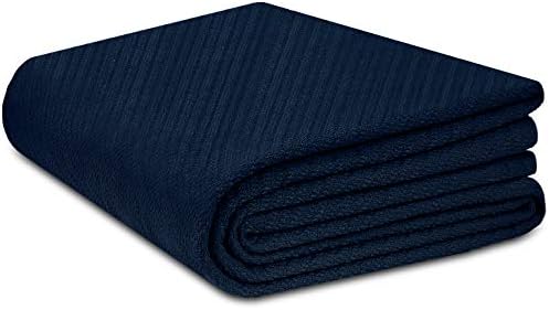 COTTON CRAFT Soft Cotton Thermal Blanket - Plush Herringbone Twill - All Season Luxurious Breathable Skin Friendly Lightweight Cooling Throw Blanket - Sofa Couch Travel Camping Dorm - Full Queen Navy