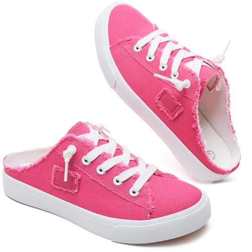 BENPAO Women's Slip on Sneakers Canvas Slip ons Shoes Fashion Comfortable Mules Womens Non Slip Loafers Casual Backless Shoes(Rose Red,US8)