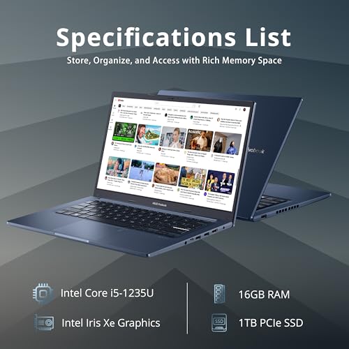 Image of ASUS Vivobook 14 inch FHD Business Laptop, Intel Core i5 1235U, 16GB RAM, 1TB PCIe SSD, Iris Xe Graphics, Backlit Keyboard, Fingerprint Sensor, HD Camera, WiFi 6, Win 11 Pro, Blue, 32GB Hotface USB Card