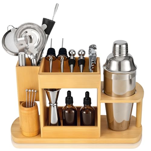 Lexenic Cocktail Making Dock, 23-Piece Cocktail Shaker Set with Freeform Bamboo Stand, Easy Access Stainless Steel Bartender Kit with Essential Bar Tools, Gift Set All-in-One Home Bar Organization