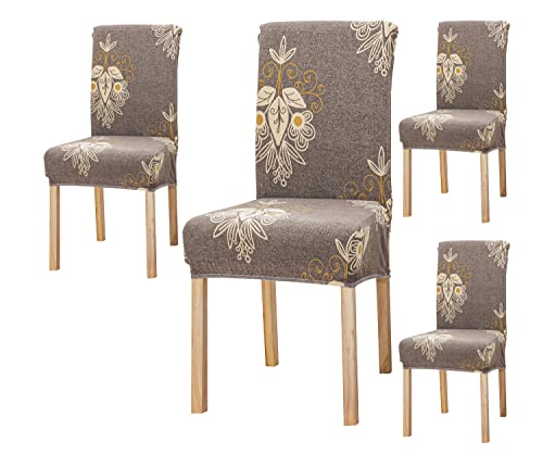 Image of House of Quirk Elastic Chair Cover Stretch Removable Washable Short Dining Chair Cover Protector Seat Slipcover (Pack 4, Beige Brocade), Polyester