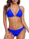 CharmLeaks Women Two Piece Halter Padded Top Tie Side Bottom Triangle Bikini Bathing Suit Royal Blue M