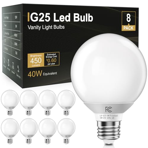 Image of TJOY G25 LED Globe Light Bulbs, Vanity Bulb for Bathroom 40W Equivalent | 5000K Daylight White E26 Base, Round Decorative Bulb for Vanity Makeup Mirror, CRI85+, 450LM, Non-Dimmable, UL, 8 Pack